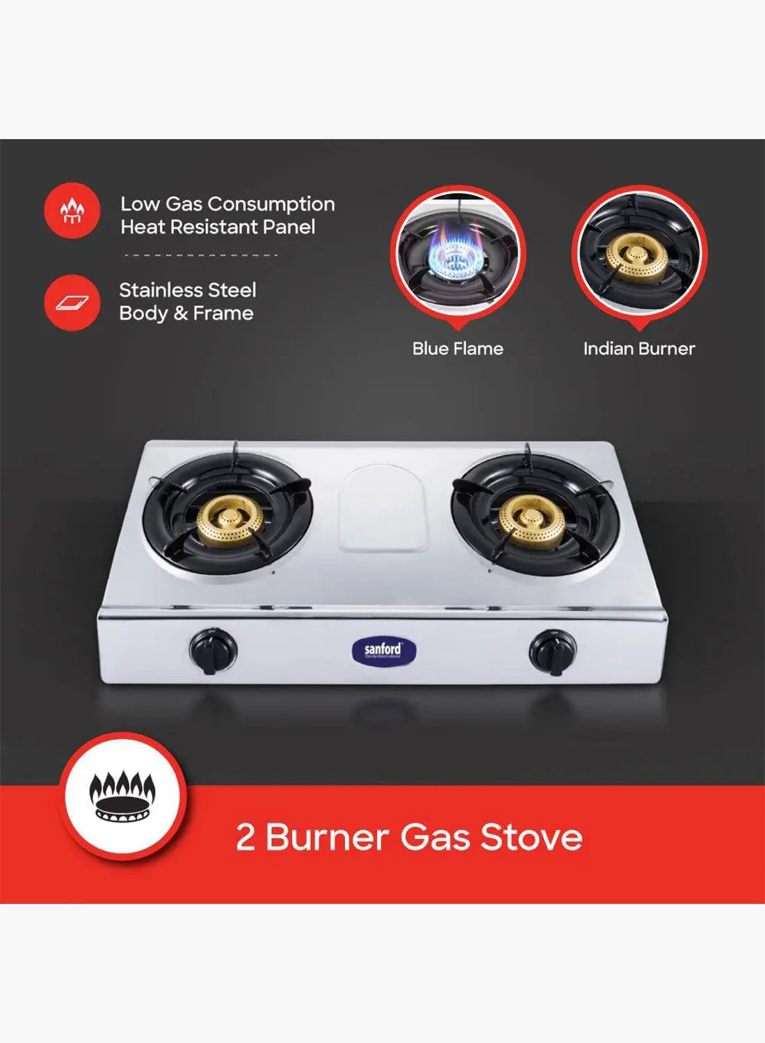 Sanford SF5356GC 2 Burner Gas Stove | Stainless Steel | Auto Ignition | Indian Burners | Low Gas Consumption | Blue Flame