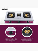 Sanford SF5354GC FSD 3 Burner Gas Stove | Stainless Steel | Auto Ignition | FSD Safety | Cast Iron Burners | Blue Flame