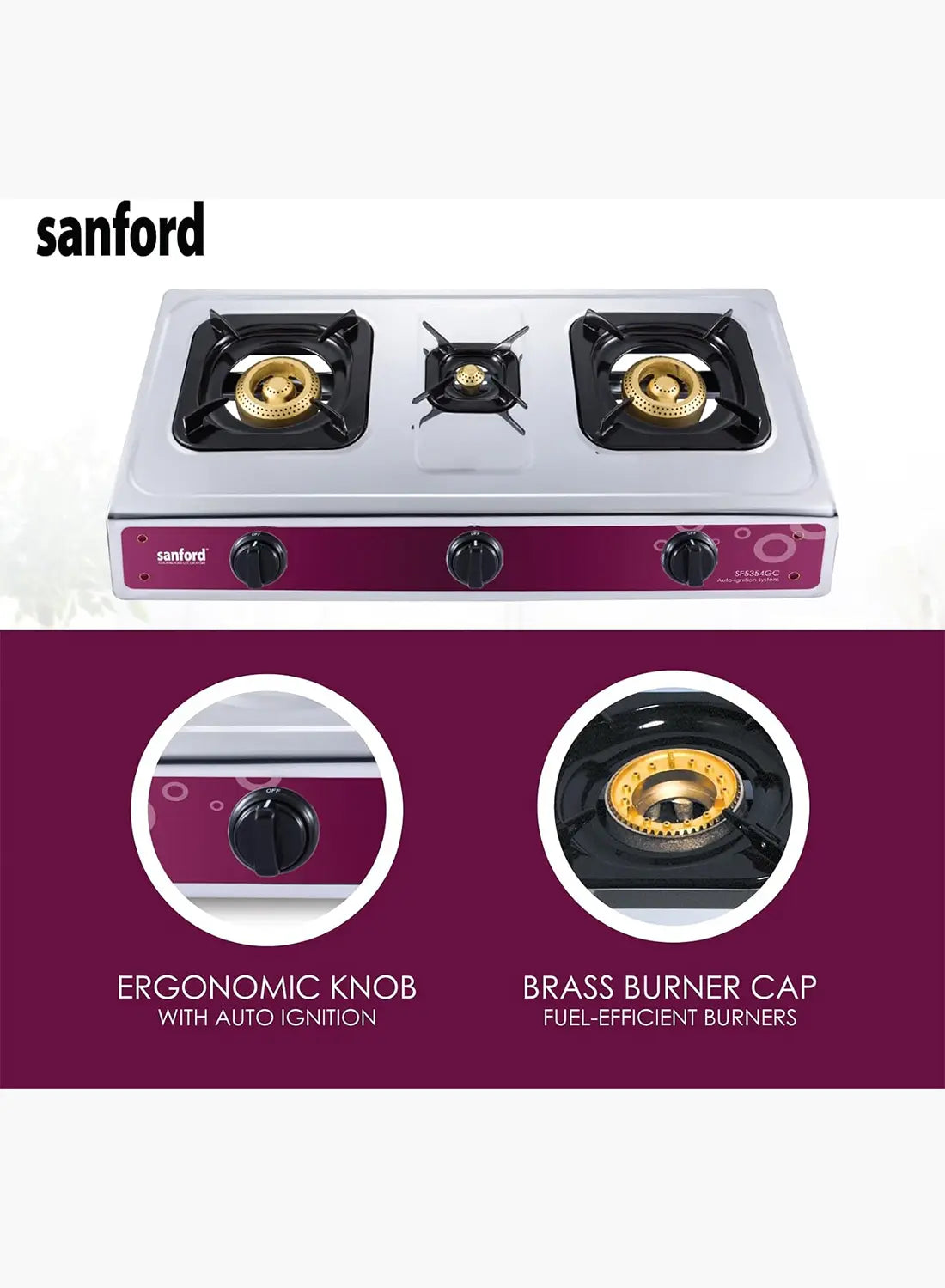 Sanford SF5354GC FSD 3 Burner Gas Stove | Stainless Steel | Auto Ignition | FSD Safety | Cast Iron Burners | Blue Flame