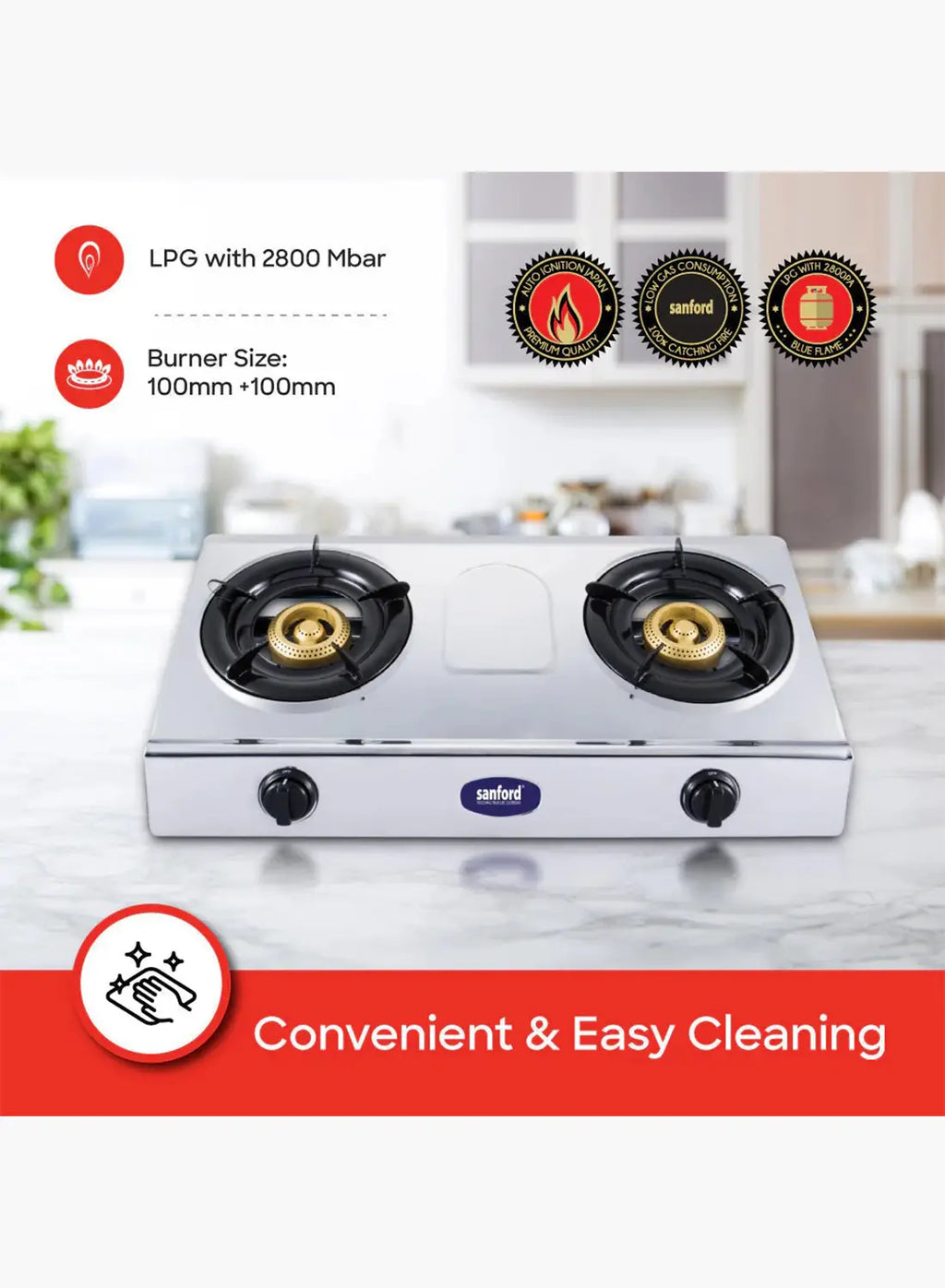 Sanford SF5356GC 2 Burner Gas Stove | Stainless Steel | Auto Ignition | Indian Burners | Low Gas Consumption | Blue Flame