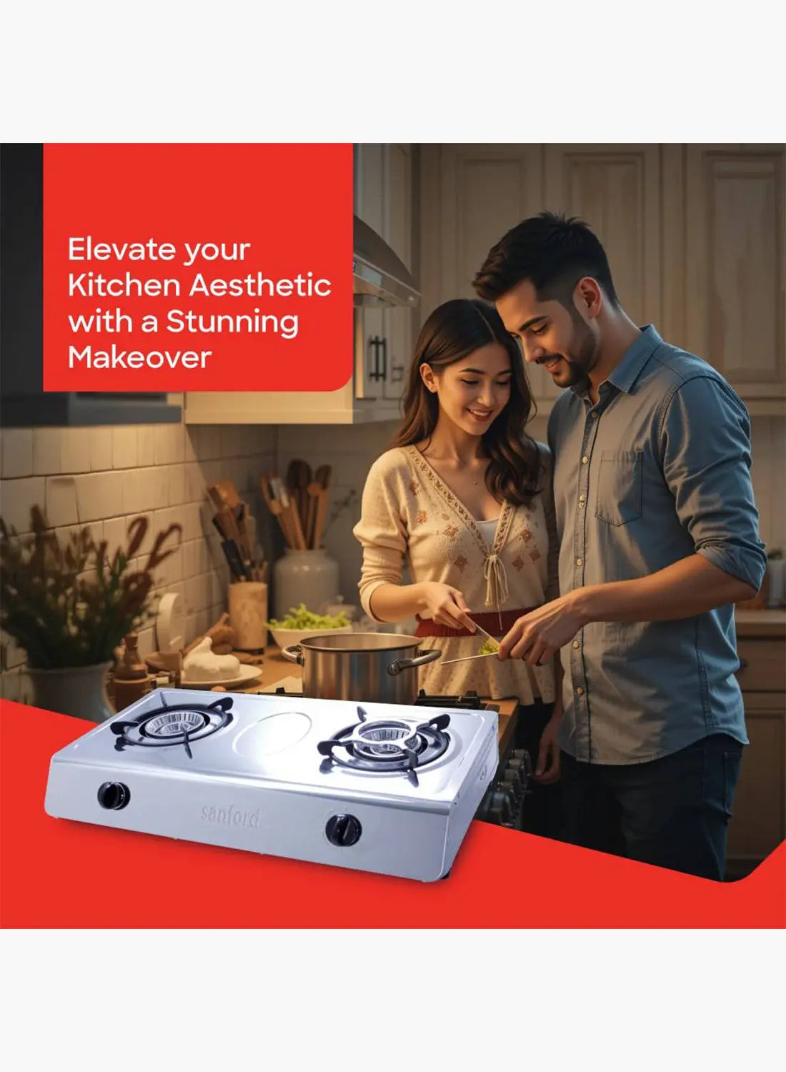 Sanford SF5401GC 2 Burner Gas Stove | Stainless Steel | Auto Ignition | Low Gas Consumption | Compact Cooktop