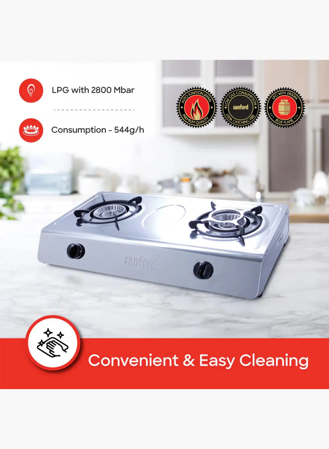 Sanford SF5401GC 2 Burner Gas Stove | Stainless Steel | Auto Ignition | Low Gas Consumption | Compact Cooktop