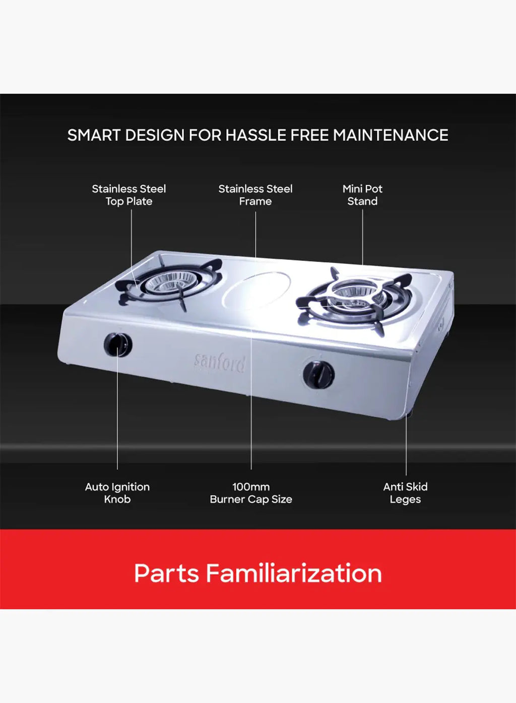 Sanford SF5401GC 2 Burner Gas Stove | Stainless Steel | Auto Ignition | Low Gas Consumption | Compact Cooktop