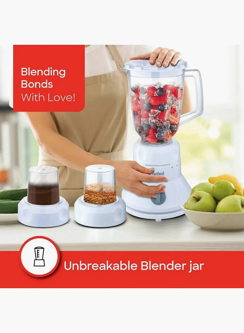 Sanford SF5515BR BS 3-in-1 Blender 1.5L 350W | Dual Dry Mill Jars | 2 Speed + Pulse | Stainless Steel Blades | Multicolour