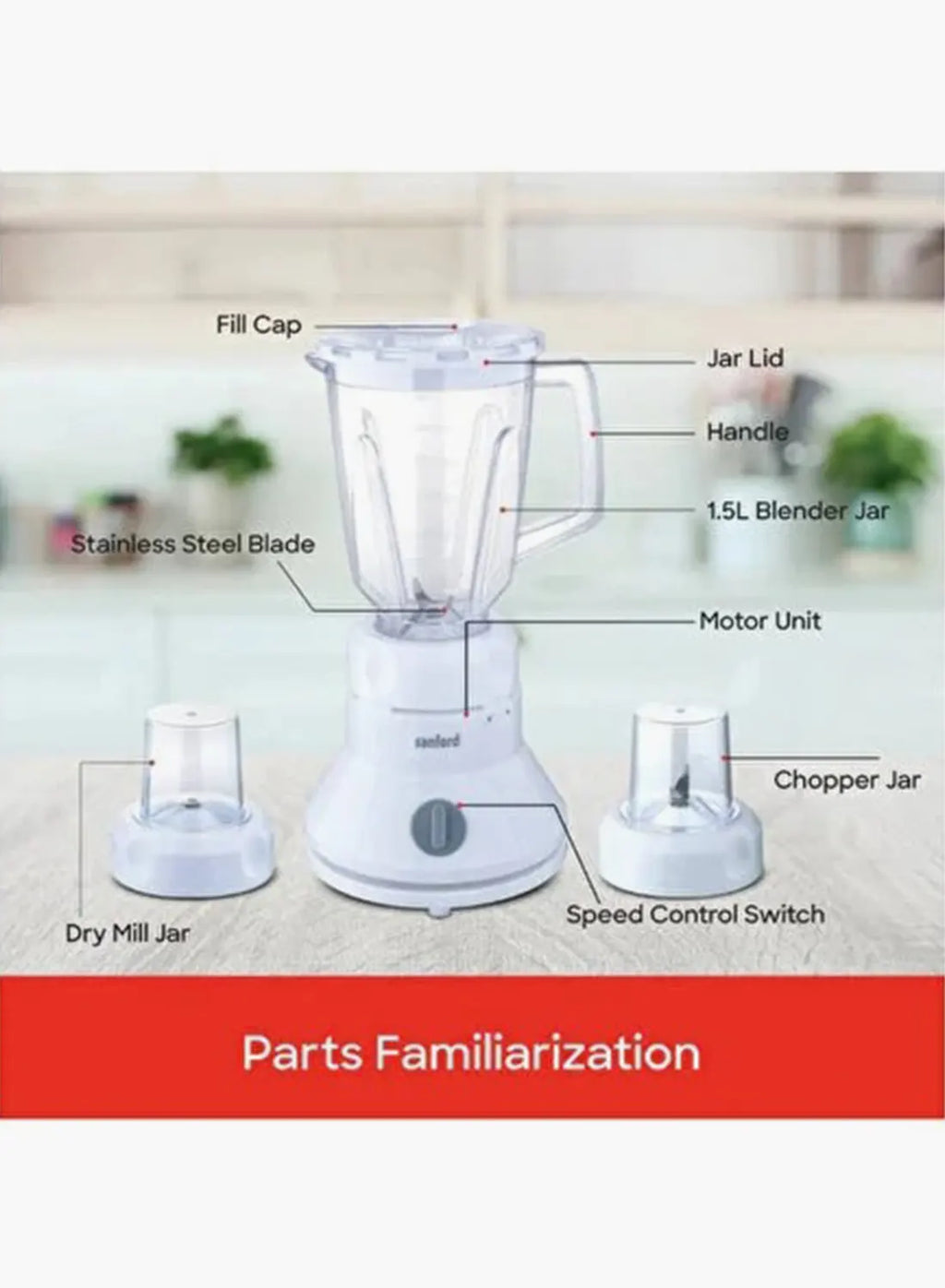 Sanford SF5515BR BS 3-in-1 Blender 1.5L 350W | Dual Dry Mill Jars | 2 Speed + Pulse | Stainless Steel Blades | Multicolour