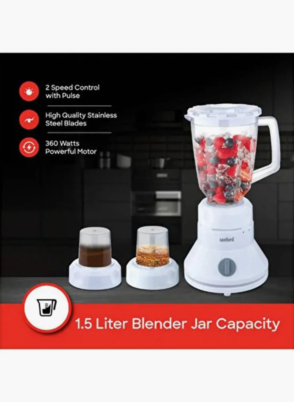 Sanford SF5515BR BS 3-in-1 Blender 1.5L 350W | Dual Dry Mill Jars | 2 Speed + Pulse | Stainless Steel Blades | Multicolour