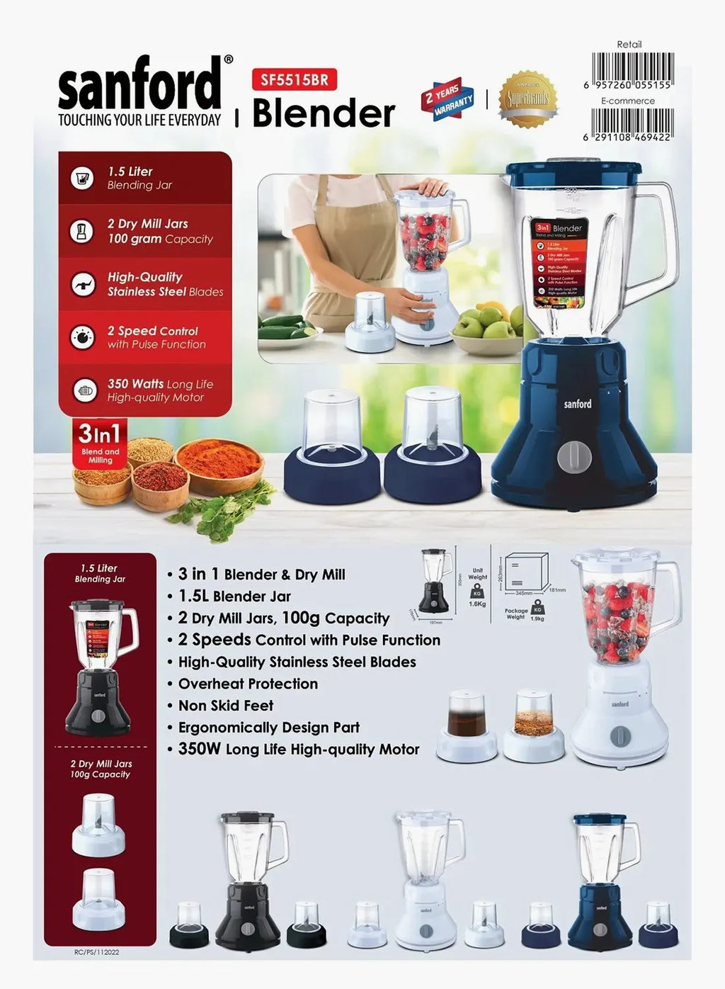 Sanford SF5515BR BS 3-in-1 Blender 1.5L 350W | Dual Dry Mill Jars | 2 Speed + Pulse | Stainless Steel Blades | Multicolour