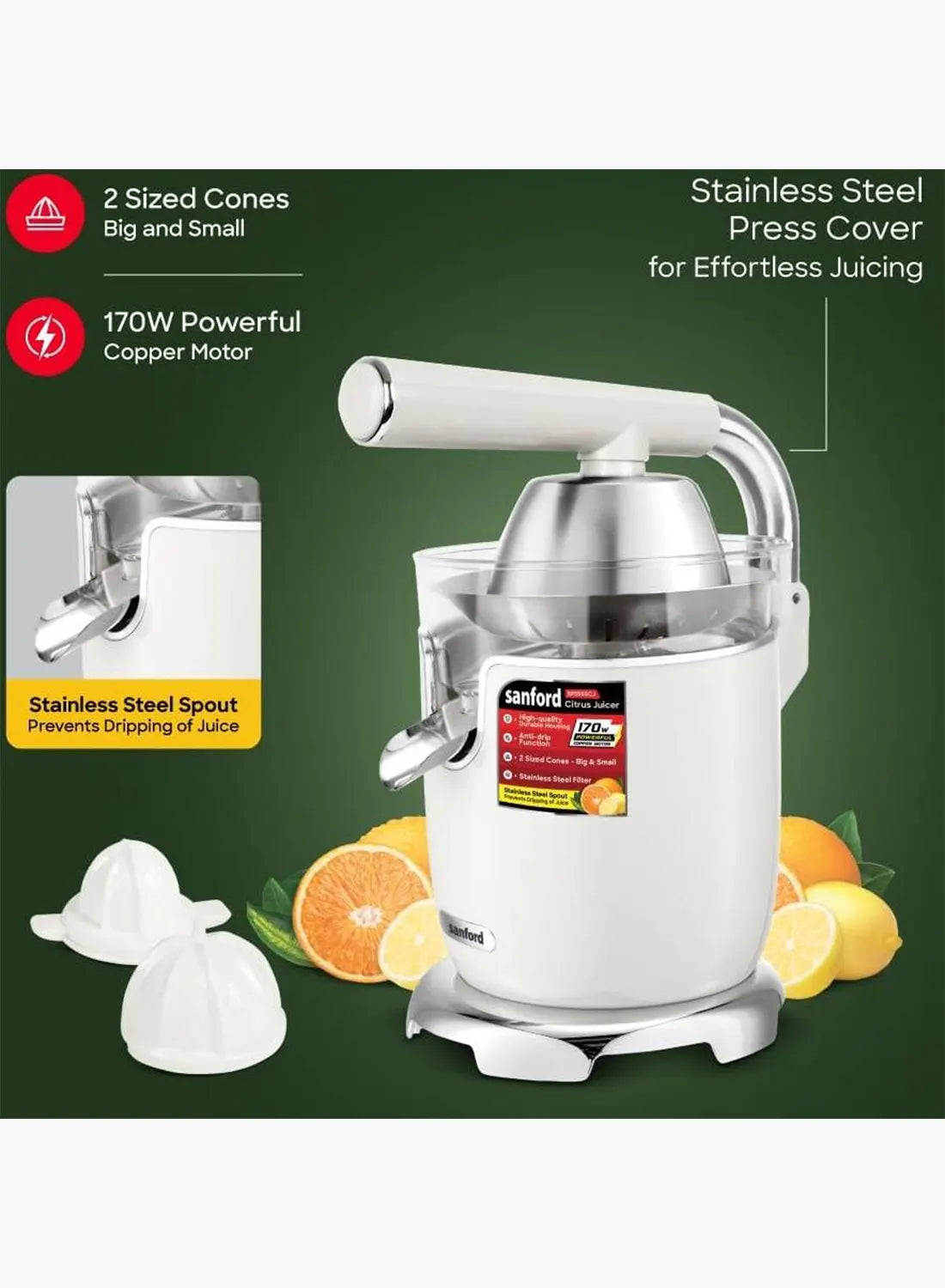 Sanford SF5556CJ BS Citrus Juicer 170W | Press Handle | Stainless Steel Filter & Spout | 2 Cones | Anti-Drip | 0.3L