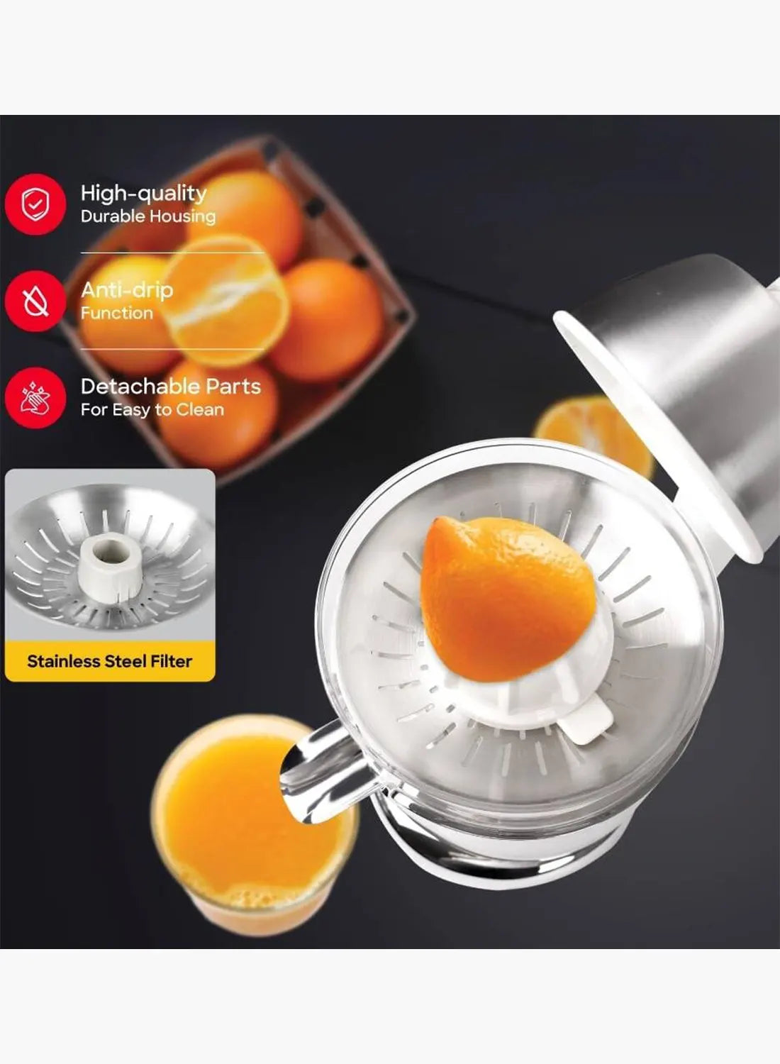 Sanford SF5556CJ BS Citrus Juicer 170W | Press Handle | Stainless Steel Filter & Spout | 2 Cones | Anti-Drip | 0.3L