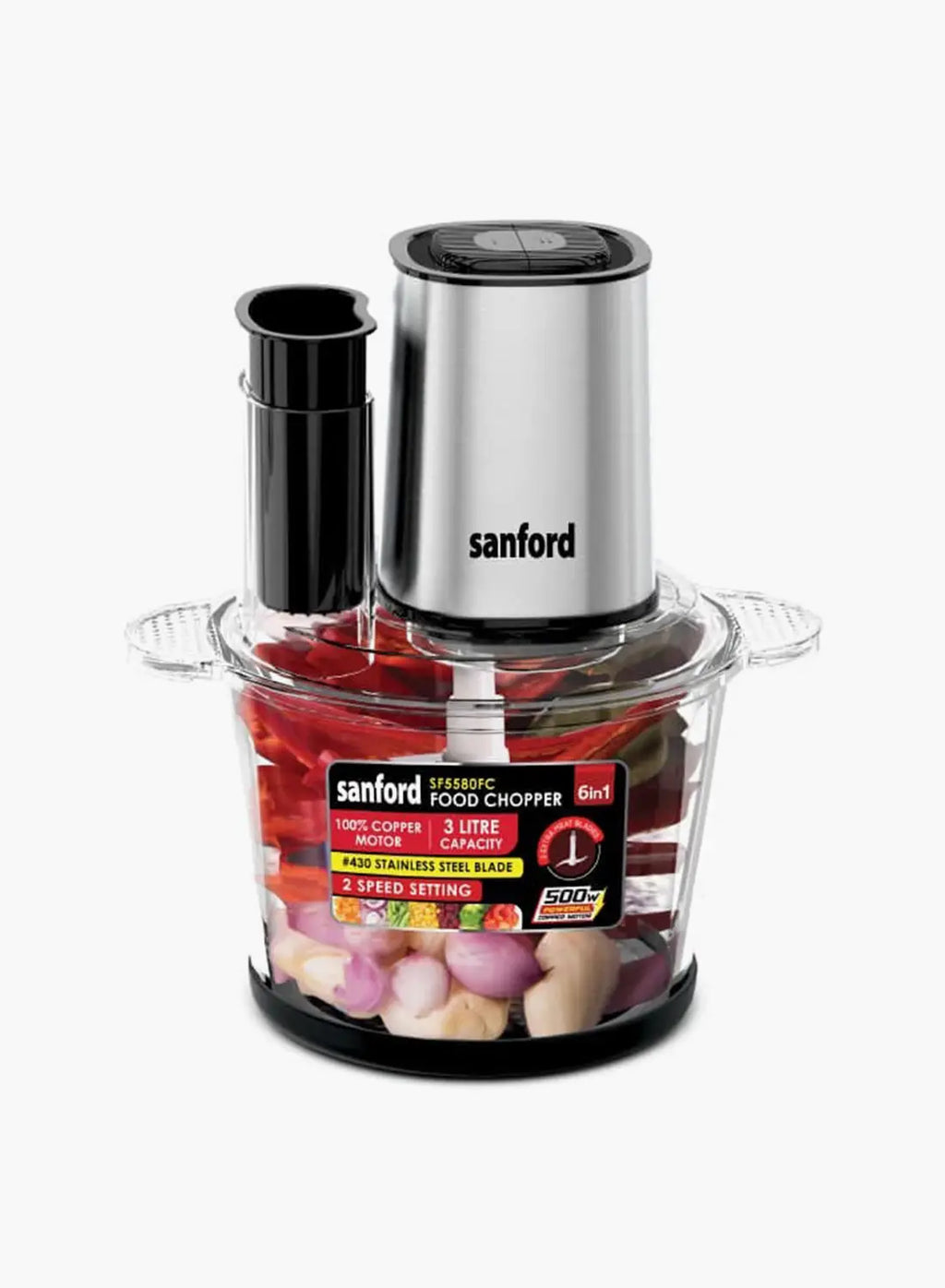 Sanford SF5580FC Food Chopper 3.0L 500W | 6-in-1 Multifunction | Glass Bowl | Copper Motor | Dual Speed | Stainless Steel Blades