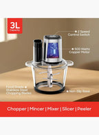Sanford SF5580FC Food Chopper 3.0L 500W | 6-in-1 Multifunction | Glass Bowl | Copper Motor | Dual Speed | Stainless Steel Blades