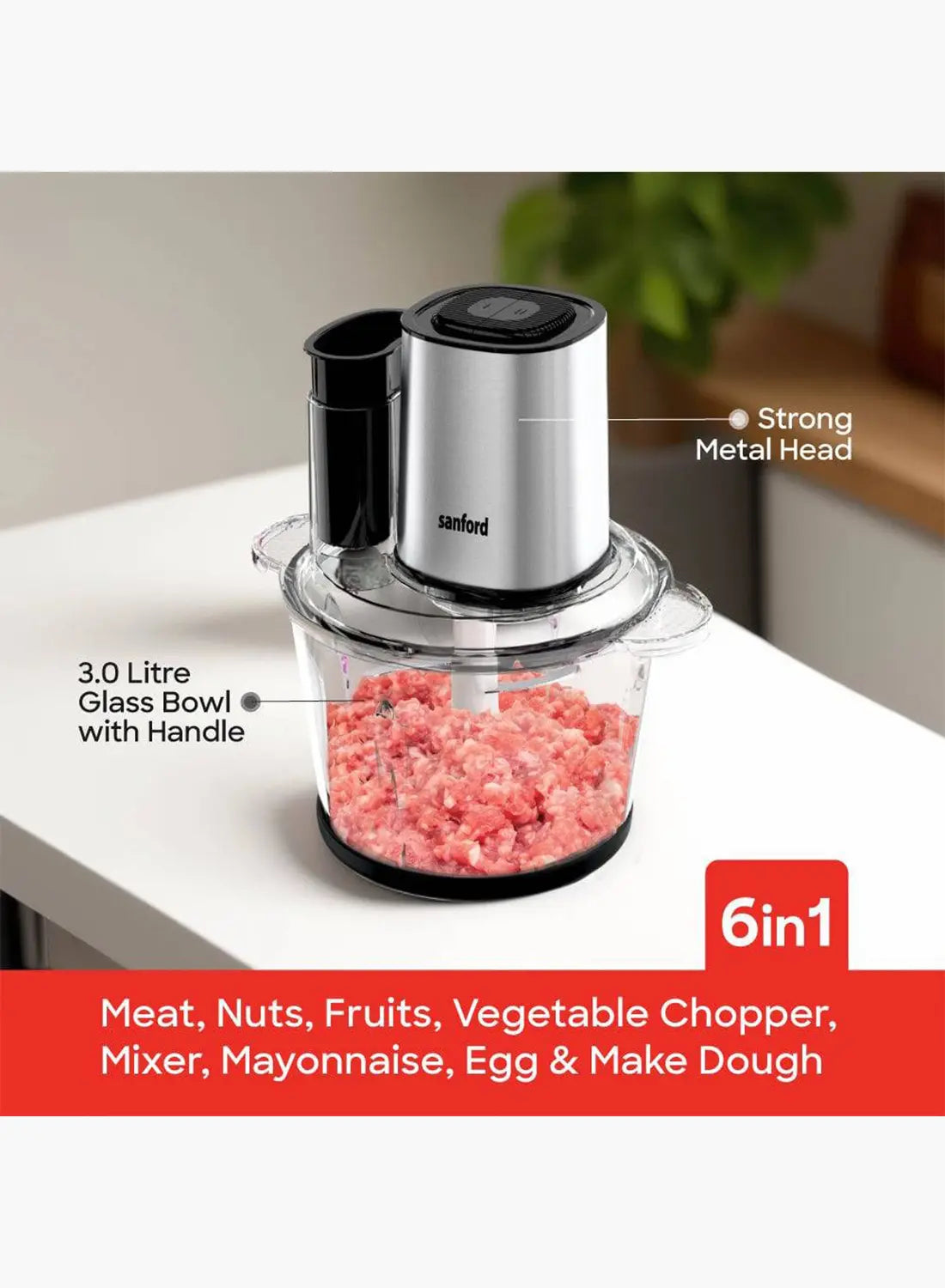 Sanford SF5580FC Food Chopper 3.0L 500W | 6-in-1 Multifunction | Glass Bowl | Copper Motor | Dual Speed | Stainless Steel Blades
