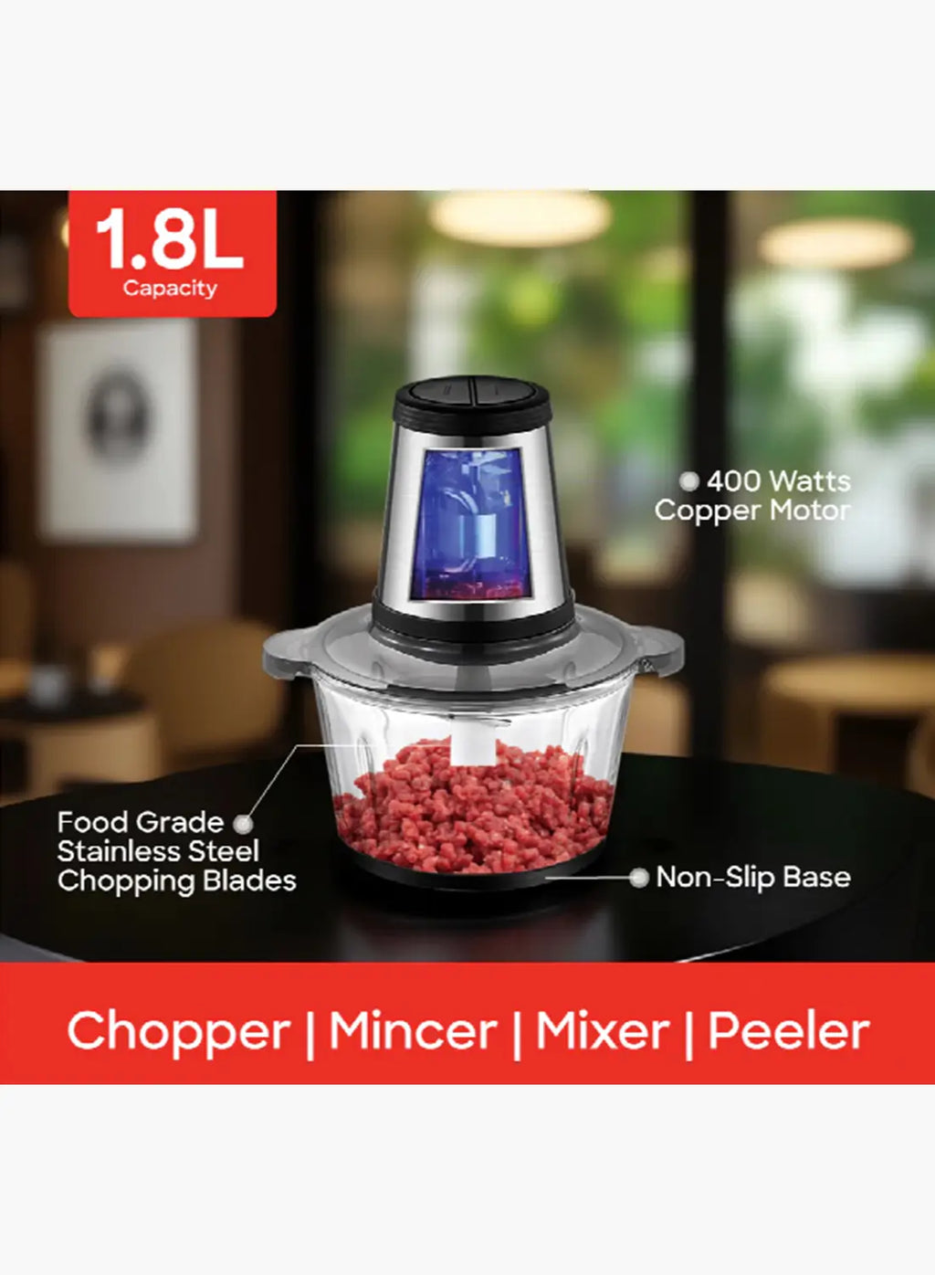 Sanford SF5584FC BS Food Chopper 2.0L 500W | Glass Bowl | Copper Motor | 3 Speed | Garlic Peeler | Stainless Steel Blades