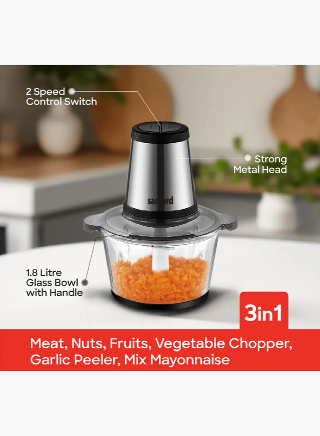 Sanford SF5584FC BS Food Chopper 2.0L 500W | Glass Bowl | Copper Motor | 3 Speed | Garlic Peeler | Stainless Steel Blades