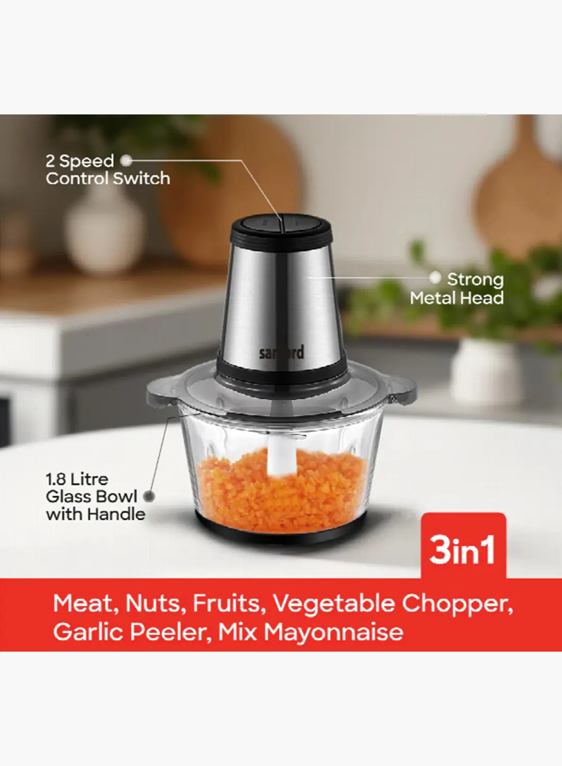Sanford SF5584FC BS Food Chopper 2.0L 500W | Glass Bowl | Copper Motor | 3 Speed | Garlic Peeler | Stainless Steel Blades