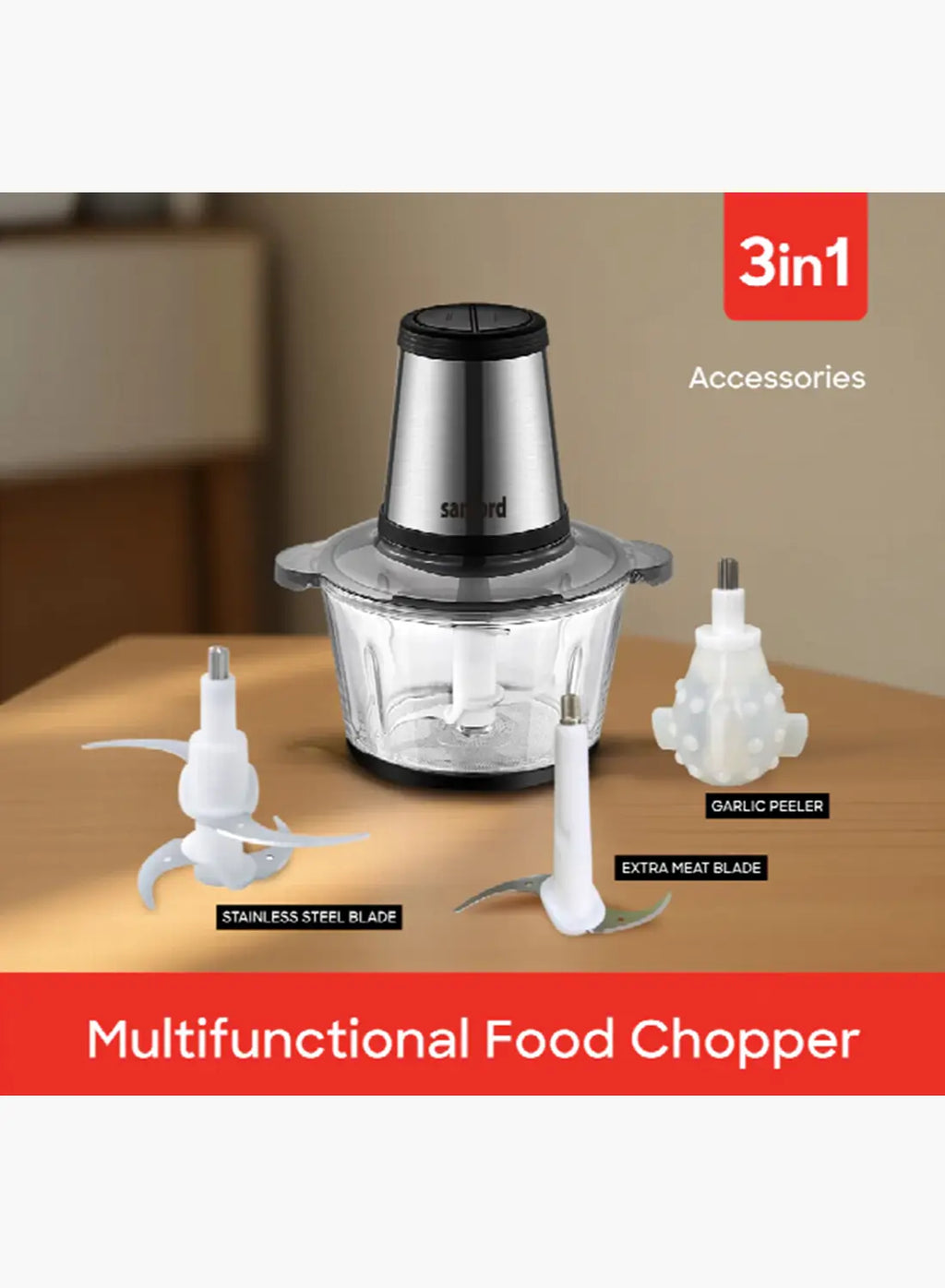 Sanford SF5584FC BS Food Chopper 2.0L 500W | Glass Bowl | Copper Motor | 3 Speed | Garlic Peeler | Stainless Steel Blades