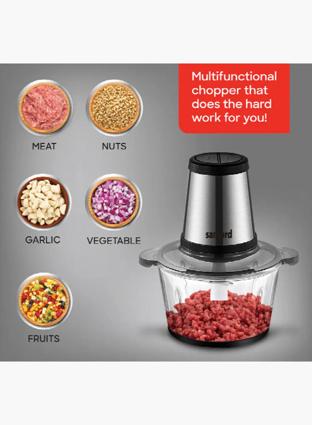 Sanford SF5584FC BS Food Chopper 2.0L 500W | Glass Bowl | Copper Motor | 3 Speed | Garlic Peeler | Stainless Steel Blades