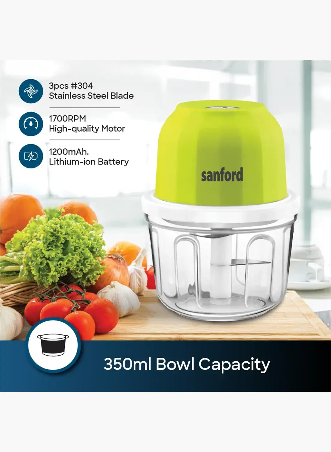 Sanford SF5585RFC Rechargeable Food Chopper 350ml | USB Charging | 1700RPM Motor | Cordless Mini Chopper | Stainless Steel Blades