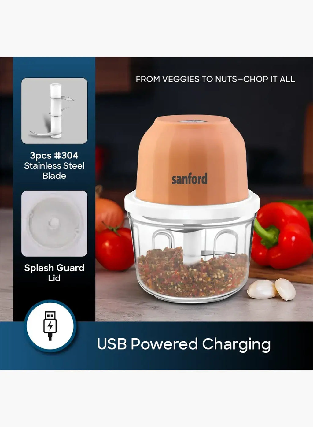 Sanford SF5585RFC Rechargeable Food Chopper 350ml | USB Charging | 1700RPM Motor | Cordless Mini Chopper | Stainless Steel Blades