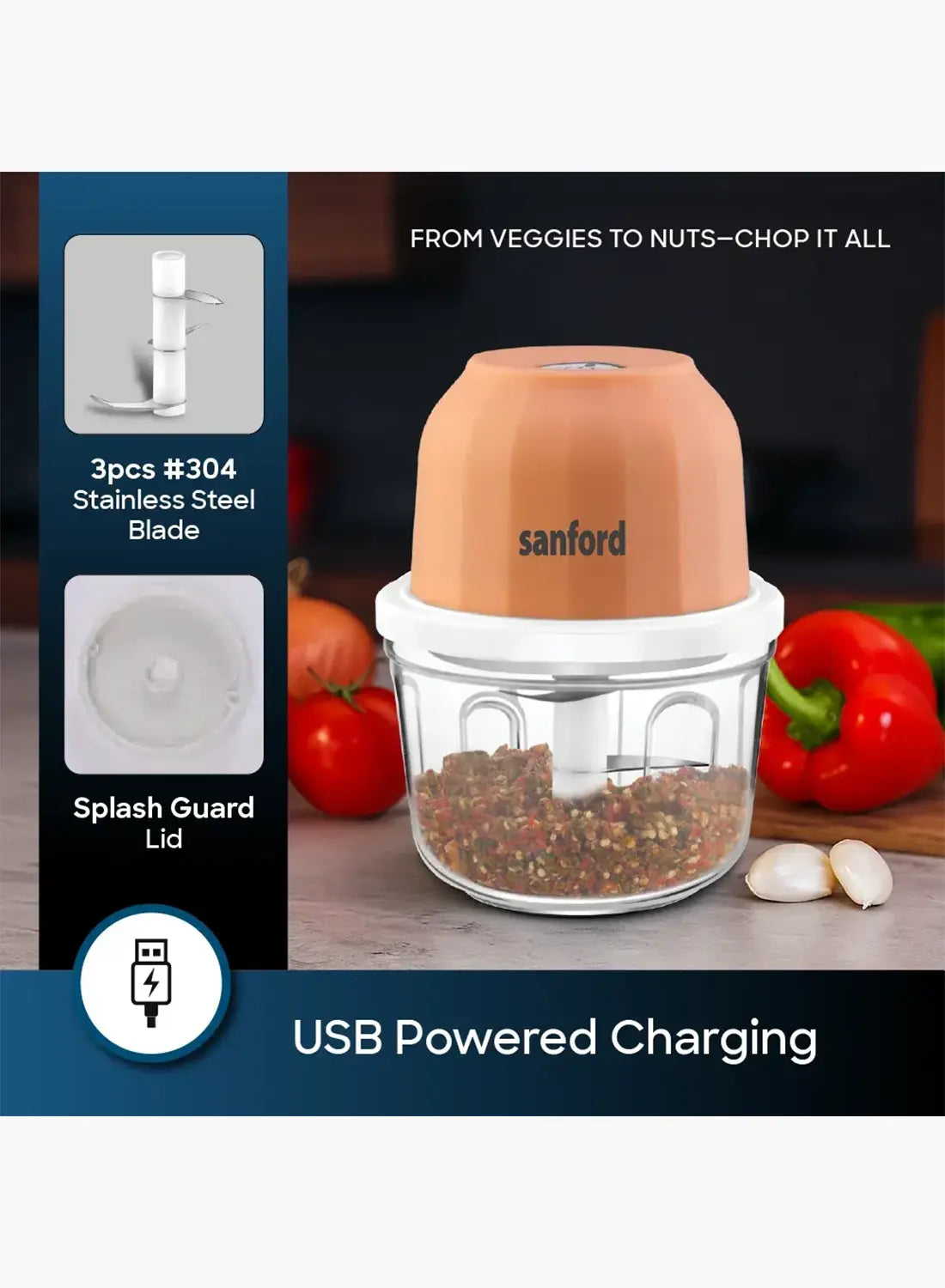 Sanford SF5585RFC Rechargeable Food Chopper 350ml | USB Charging | 1700RPM Motor | Cordless Mini Chopper | Stainless Steel Blades