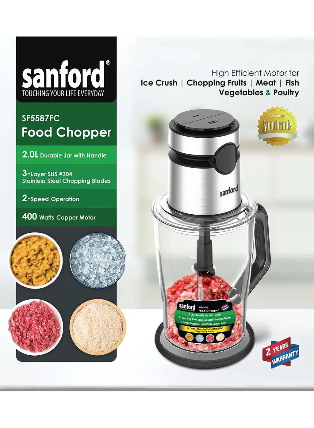 Sanford SF5587FC BS Food Chopper 2.0L 400W | 3-Layer Stainless Steel Blades | 2 Speed | Meat & Vegetable Chopper | Ice Crush