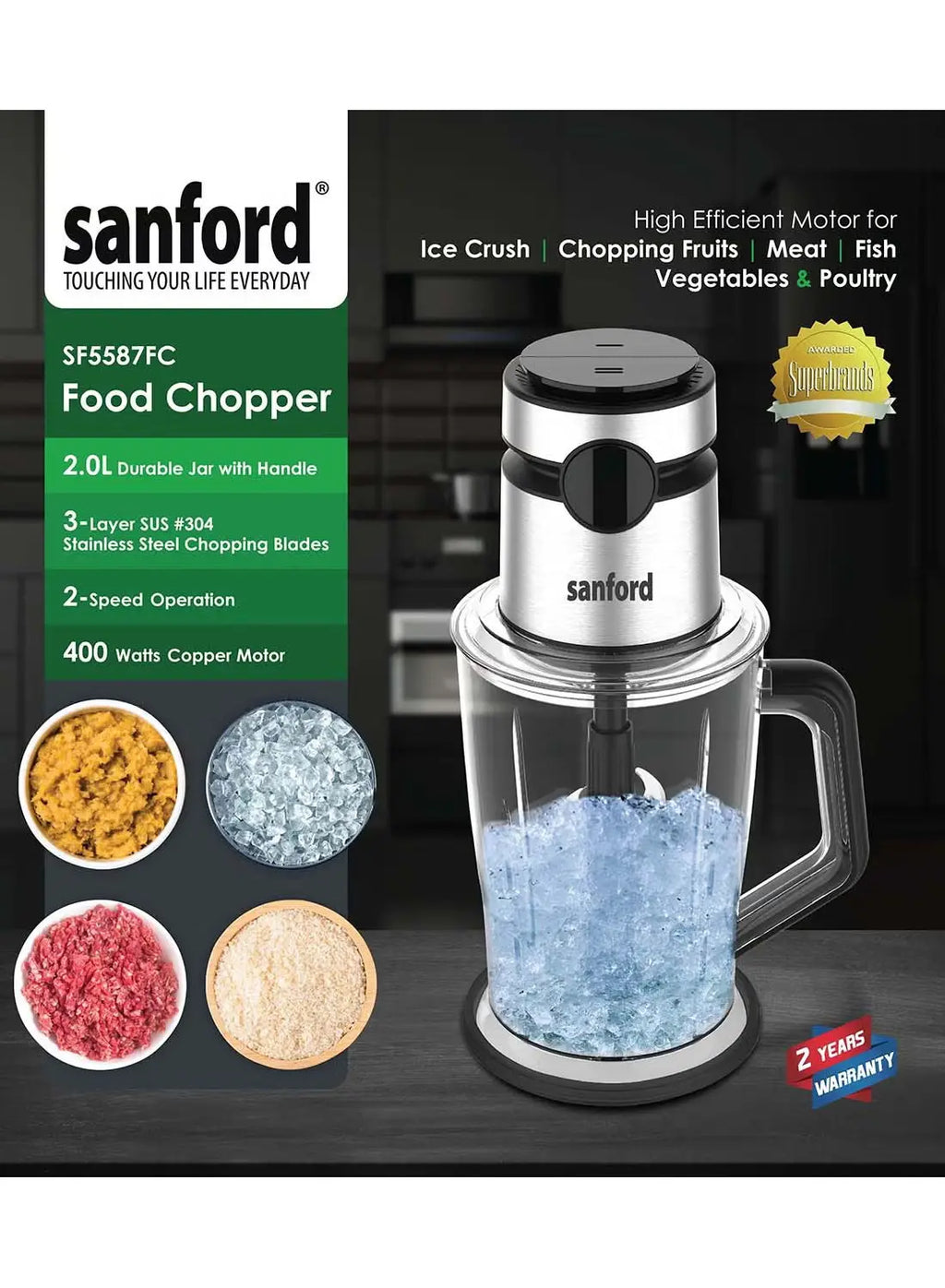 Sanford SF5587FC BS Food Chopper 2.0L 400W | 3-Layer Stainless Steel Blades | 2 Speed | Meat & Vegetable Chopper | Ice Crush