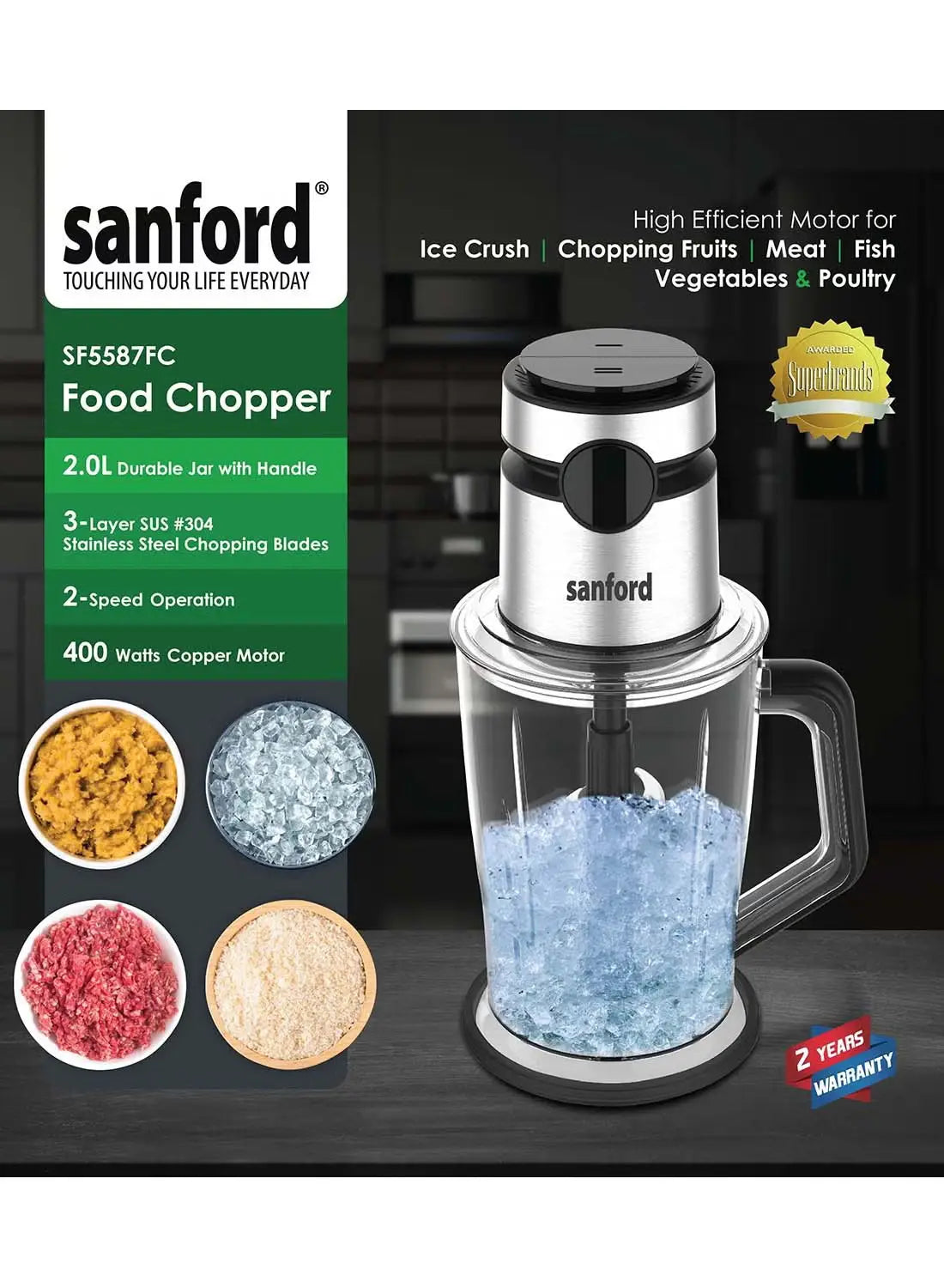 Sanford SF5587FC BS Food Chopper 2.0L 400W | 3-Layer Stainless Steel Blades | 2 Speed | Meat & Vegetable Chopper | Ice Crush