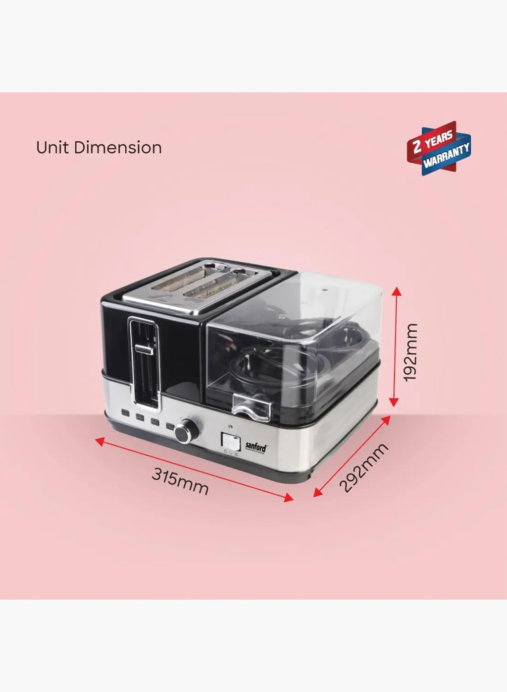 Sanford SF5744BT BS Breakfast Maker 1400W | 2 Slice Toaster | Egg Boiler & Omelette Tray | 7 Browning Settings | Black/Silver
