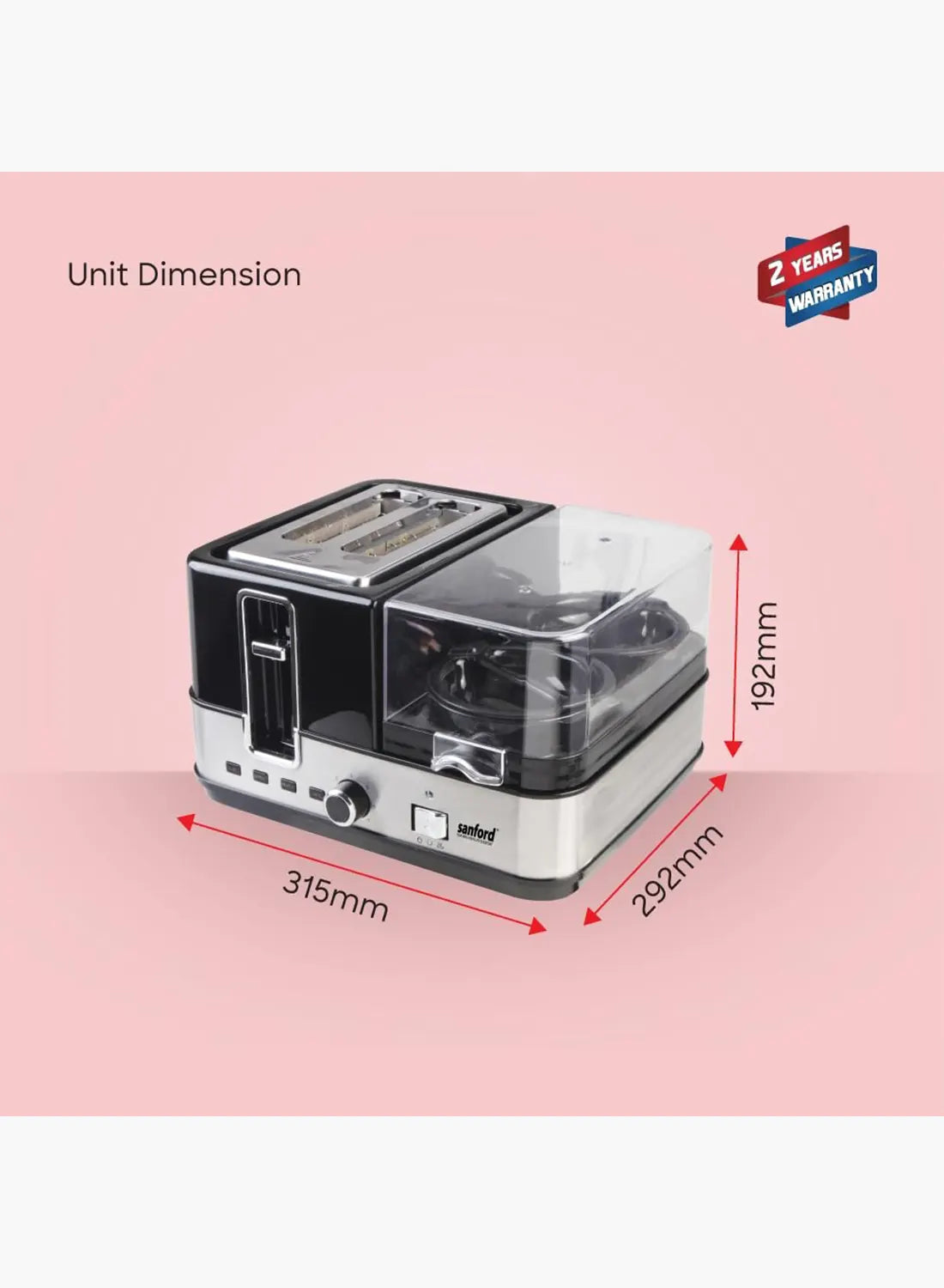 Sanford SF5744BT BS Breakfast Maker 1400W | 2 Slice Toaster | Egg Boiler & Omelette Tray | 7 Browning Settings | Black/Silver