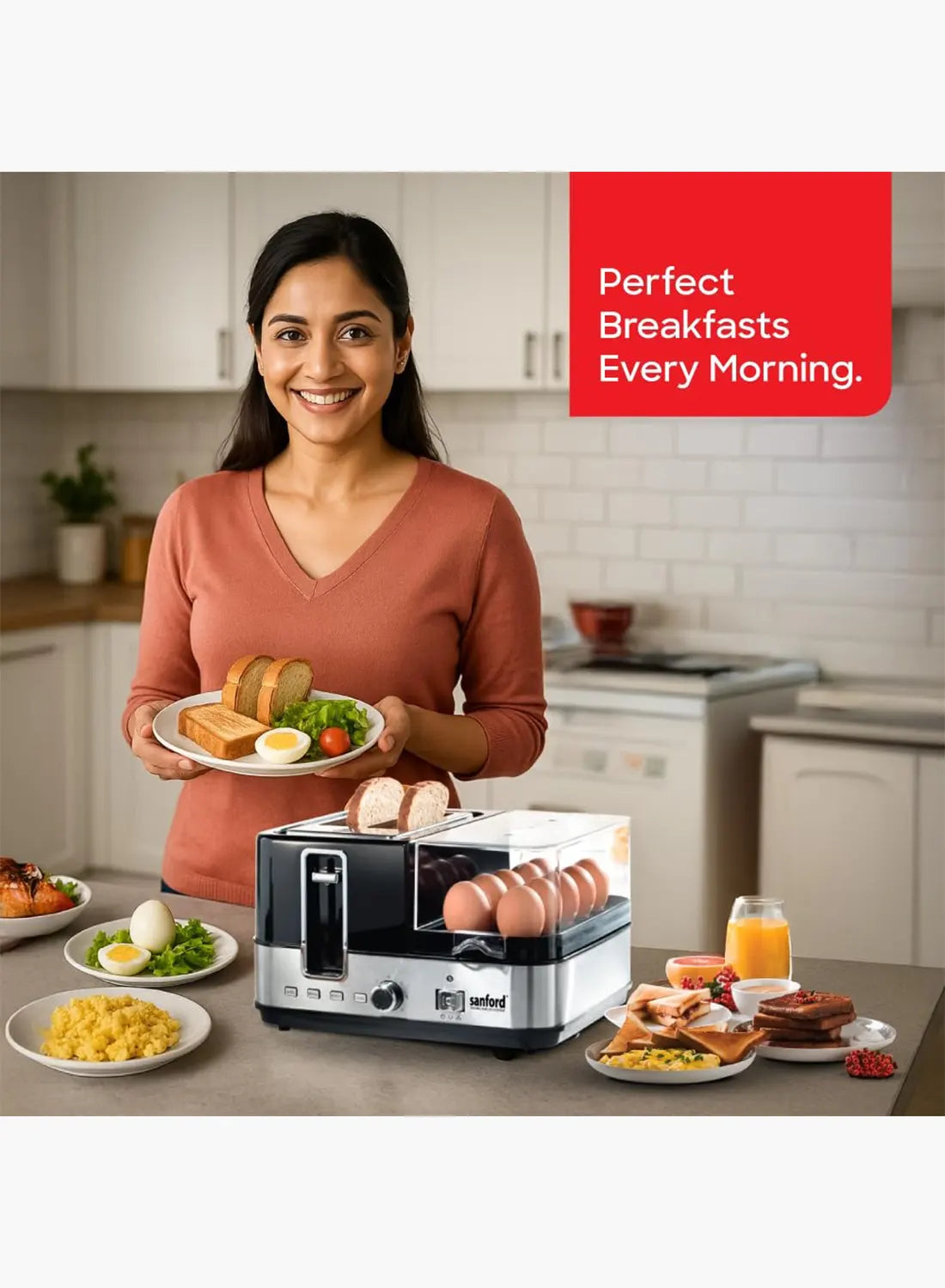 Sanford SF5744BT BS Breakfast Maker 1400W | 2 Slice Toaster | Egg Boiler & Omelette Tray | 7 Browning Settings | Black/Silver