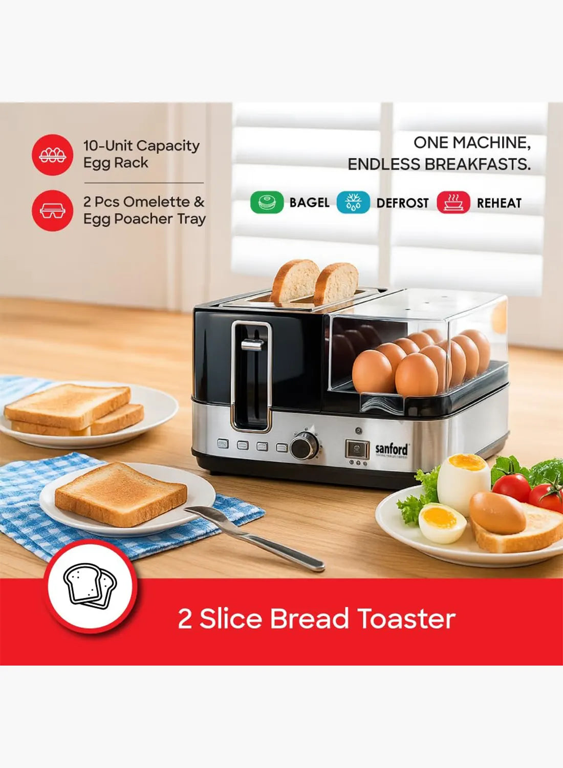 Sanford SF5744BT BS Breakfast Maker 1400W | 2 Slice Toaster | Egg Boiler & Omelette Tray | 7 Browning Settings | Black/Silver