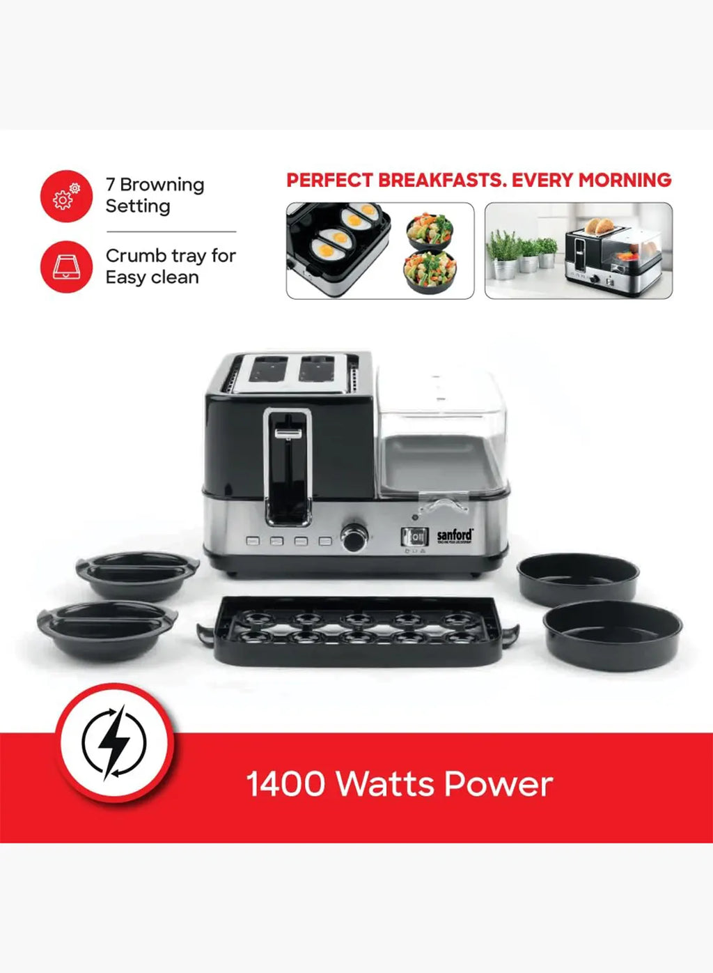Sanford SF5744BT BS Breakfast Maker 1400W | 2 Slice Toaster | Egg Boiler & Omelette Tray | 7 Browning Settings | Black/Silver