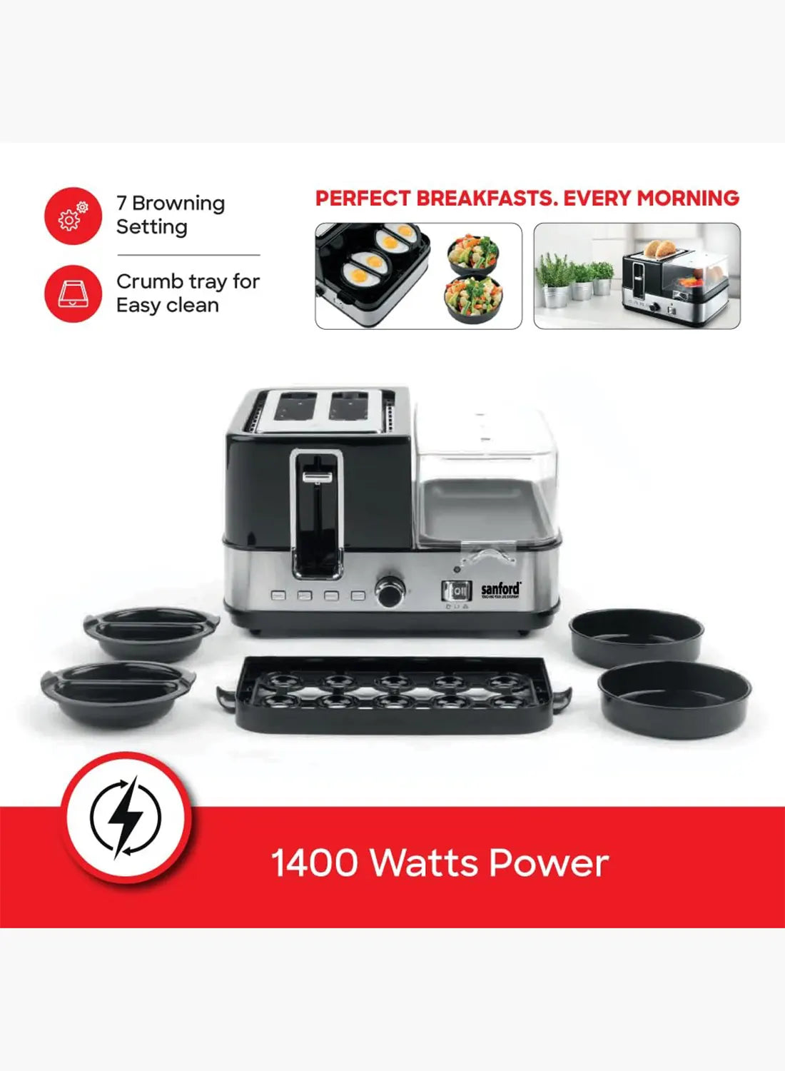 Sanford SF5744BT BS Breakfast Maker 1400W | 2 Slice Toaster | Egg Boiler & Omelette Tray | 7 Browning Settings | Black/Silver