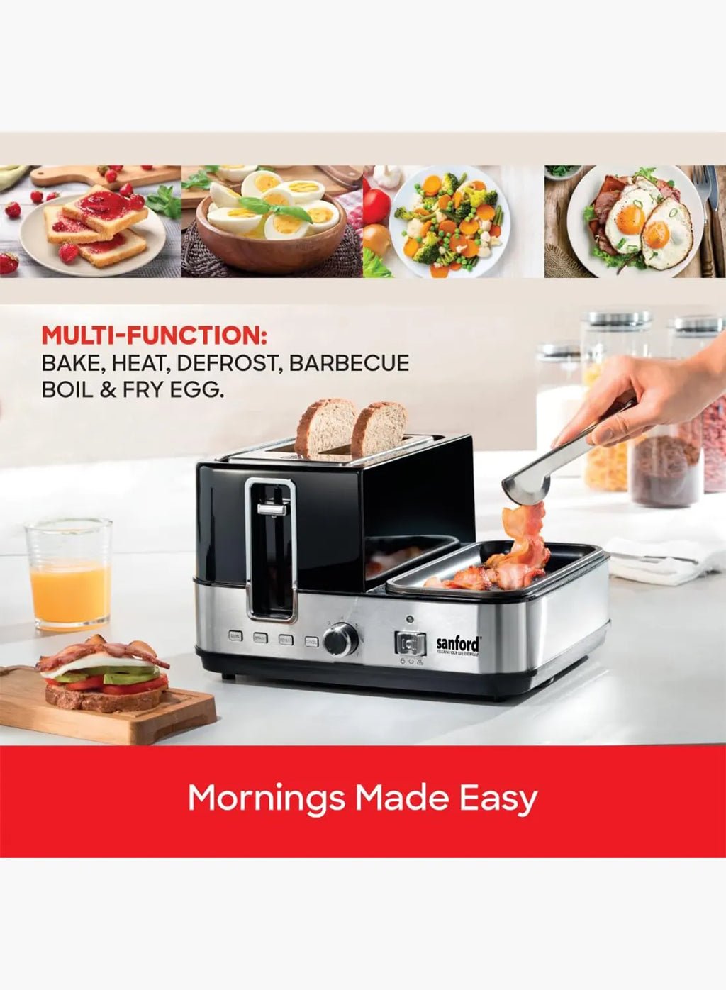 Sanford SF5744BT BS Breakfast Maker 1400W | 2 Slice Toaster | Egg Boiler & Omelette Tray | 7 Browning Settings | Black/Silver