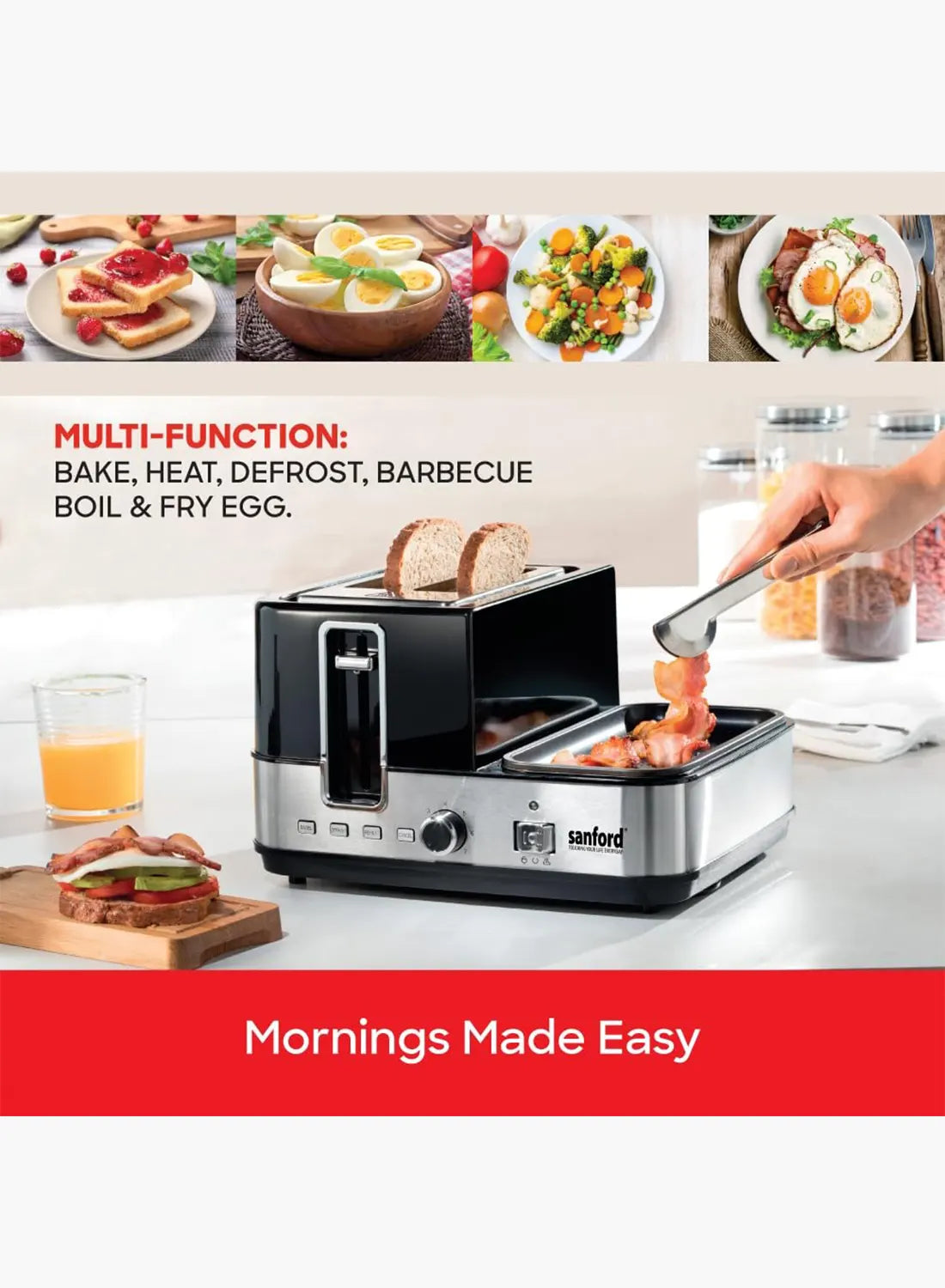 Sanford SF5744BT BS Breakfast Maker 1400W | 2 Slice Toaster | Egg Boiler & Omelette Tray | 7 Browning Settings | Black/Silver