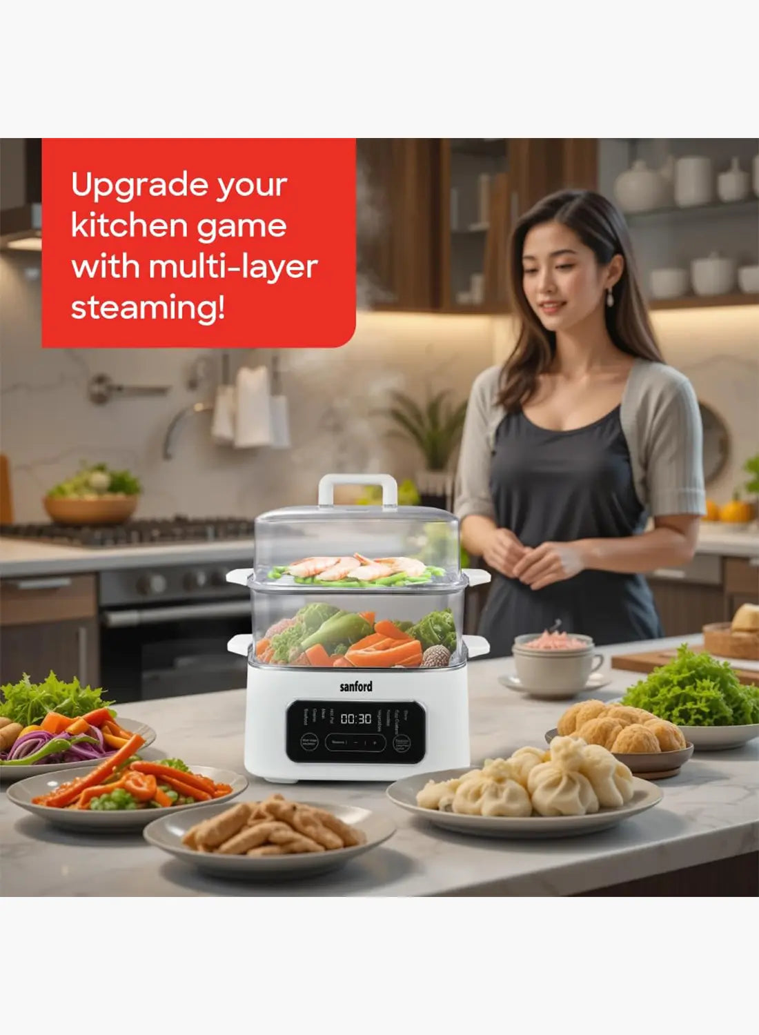Sanford SF5754FS BS Food Steamer 9L 1000W | Multi Cooker & Hot Pot | 8 Preset Modes | SUS304 Stainless Steel | Keep Warm