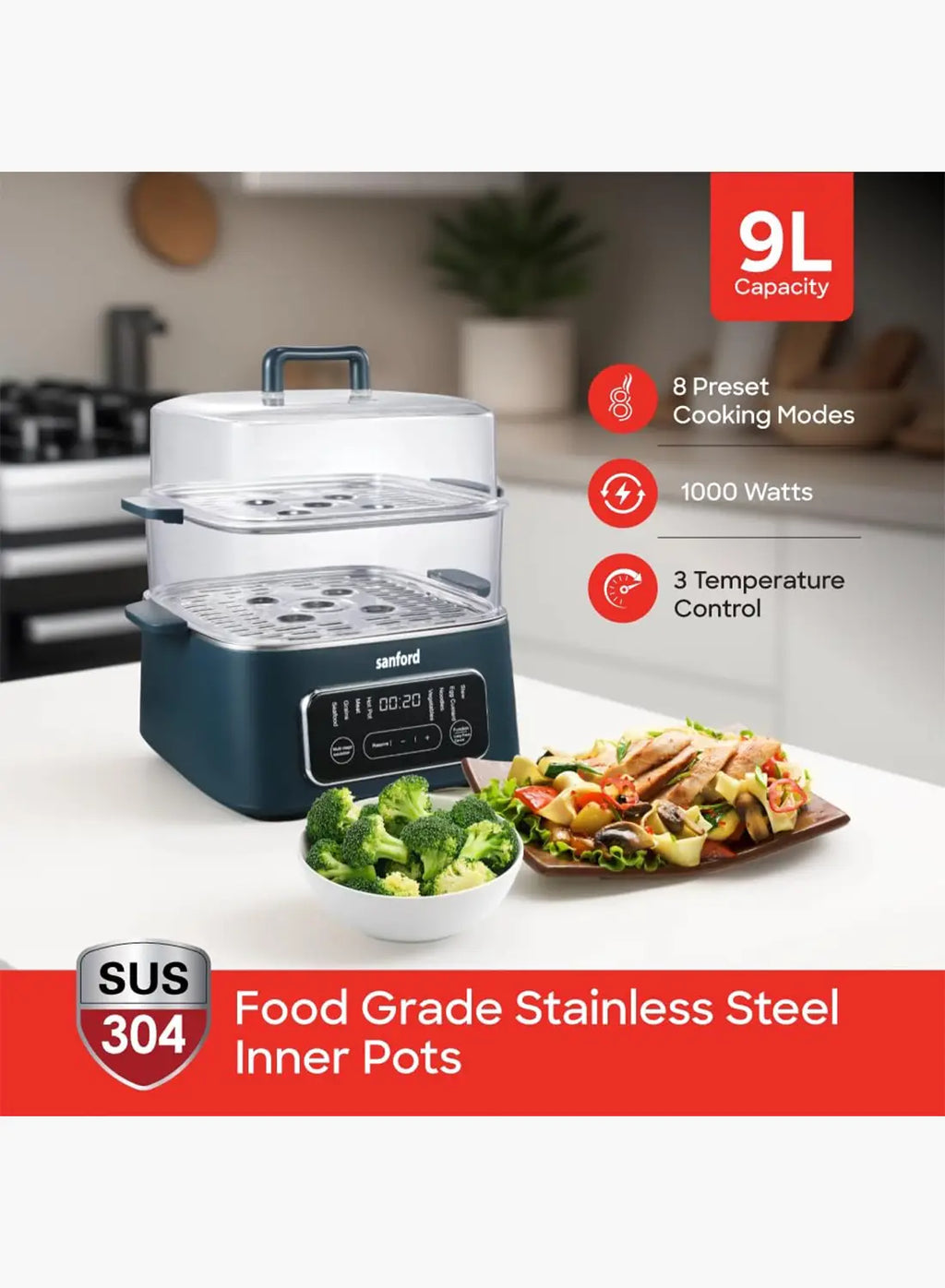 Sanford SF5754FS BS Food Steamer 9L 1000W | Multi Cooker & Hot Pot | 8 Preset Modes | SUS304 Stainless Steel | Keep Warm