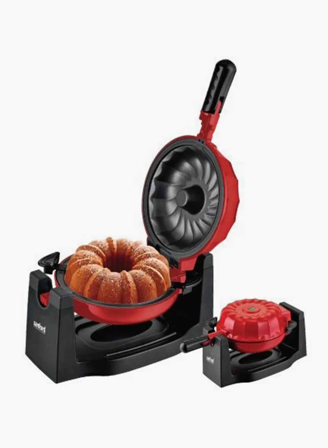Sanford SF5789BCM BS Bundt Cake Maker 8” 1200W | Rotary Batter Spread | Non-Stick Plates | Power & Ready Indicator | Black/Silver