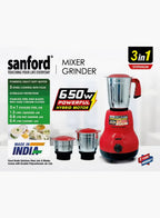 Sanford SF5904GM 3-in-1 Mixer Grinder 650W | 1.2L + 0.8L + 0.4L Jars | Tetra Flow Technology | Stainless Steel Blades | Made in India