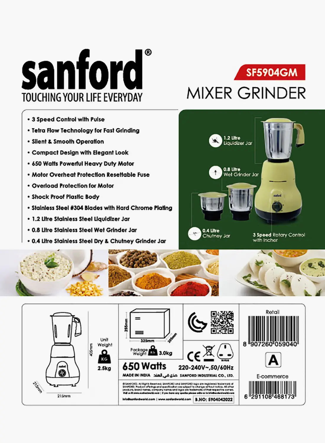 Sanford SF5904GM 3-in-1 Mixer Grinder 650W | 1.2L + 0.8L + 0.4L Jars | Tetra Flow Technology | Stainless Steel Blades | Made in India