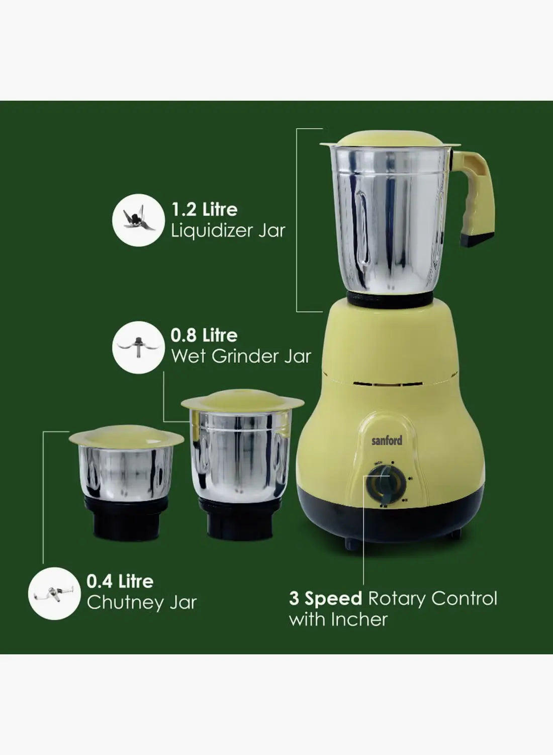 Sanford SF5904GM 3-in-1 Mixer Grinder 650W | 1.2L + 0.8L + 0.4L Jars | Tetra Flow Technology | Stainless Steel Blades | Made in India