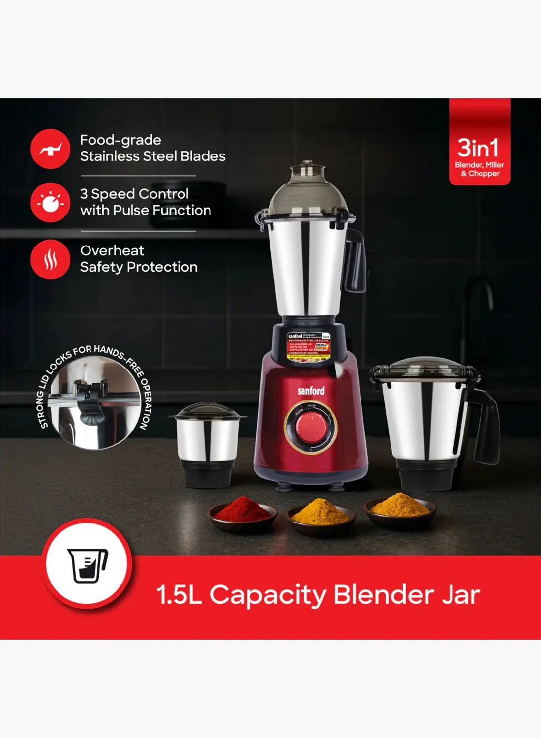 Sanford SF5906GM 3-in-1 Mixer Grinder 800W | 1.5L + 900ml + 350ml Jars | 18000 RPM | Stainless Steel | Made in India