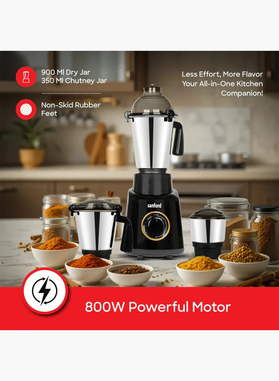 Sanford SF5906GM 3-in-1 Mixer Grinder 800W | 1.5L + 900ml + 350ml Jars | 18000 RPM | Stainless Steel | Made in India
