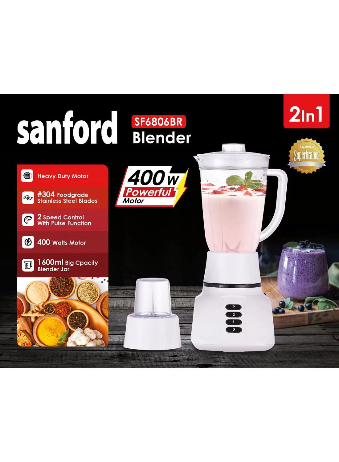 Sanford SF6806BR BS 2-in-1 Blender 1.6L 400W | Mill Jar | 2 Speed + Pulse | #304 Stainless Steel Blades | Multicolour