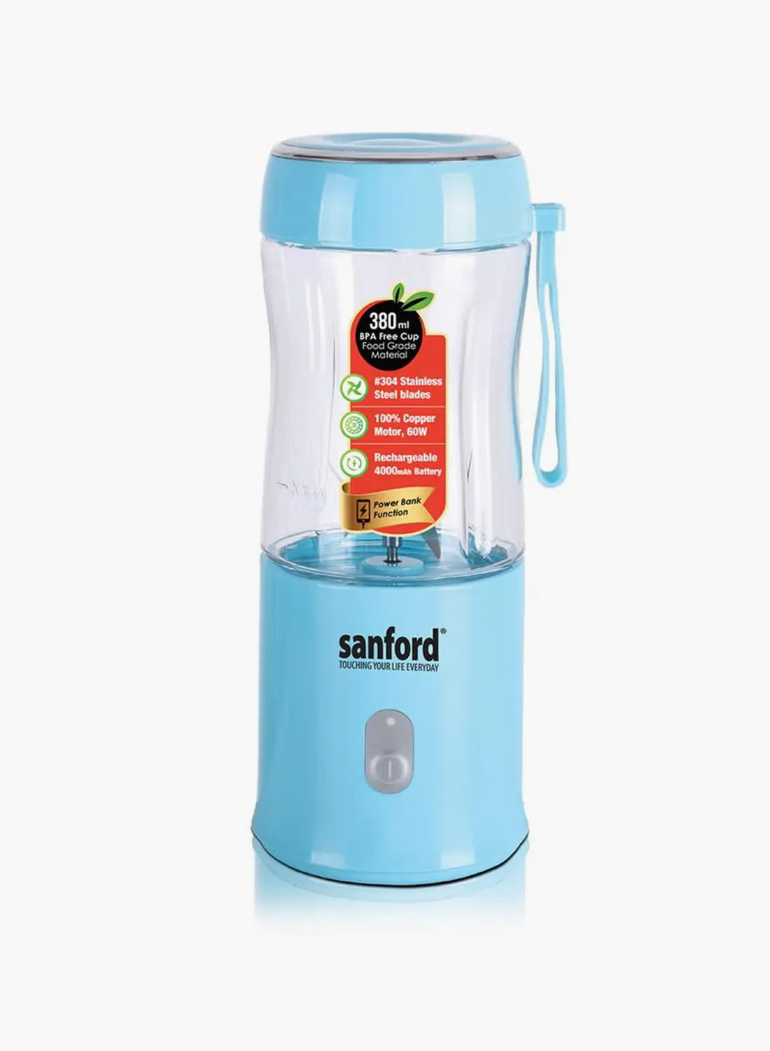 Sanford SF6810BR USB Rechargeable Blender 380ML 60W | 2-in-1 Power Bank | Portable Smoothie Maker | 4000mAh Battery | Sky Blue