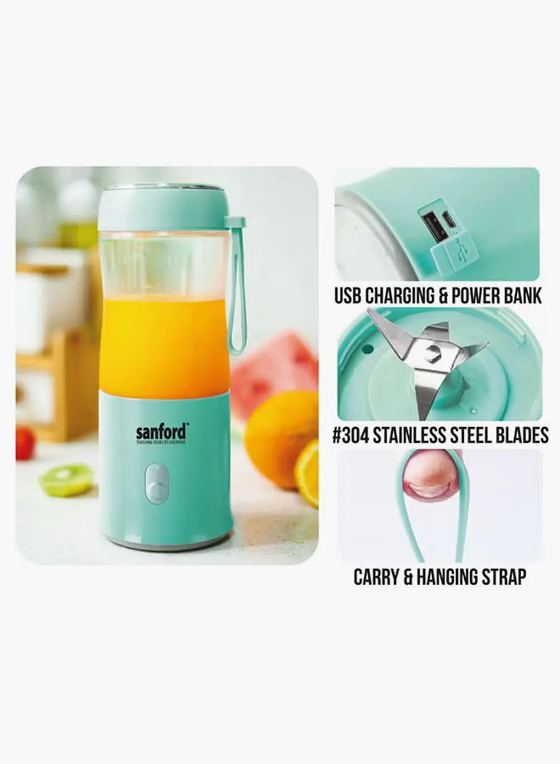 Sanford SF6810BR USB Rechargeable Blender 380ML 60W | 2-in-1 Power Bank | Portable Smoothie Maker | 4000mAh Battery | Sky Blue