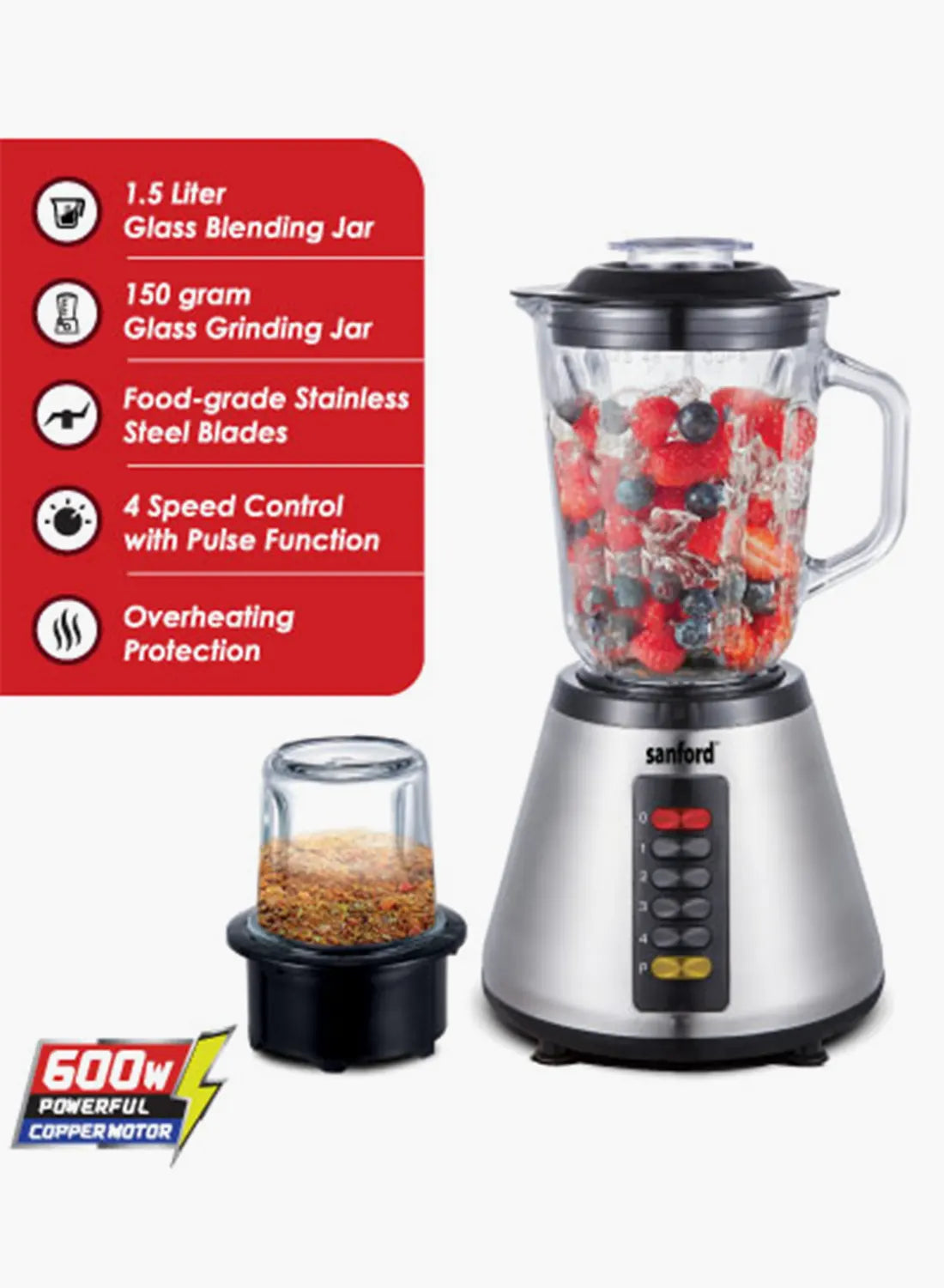 Sanford SF6815BR 2-in-1 Blender & Grinder 1.5L 600W | 4 Speed Control | Copper Motor | Stainless Steel Housing