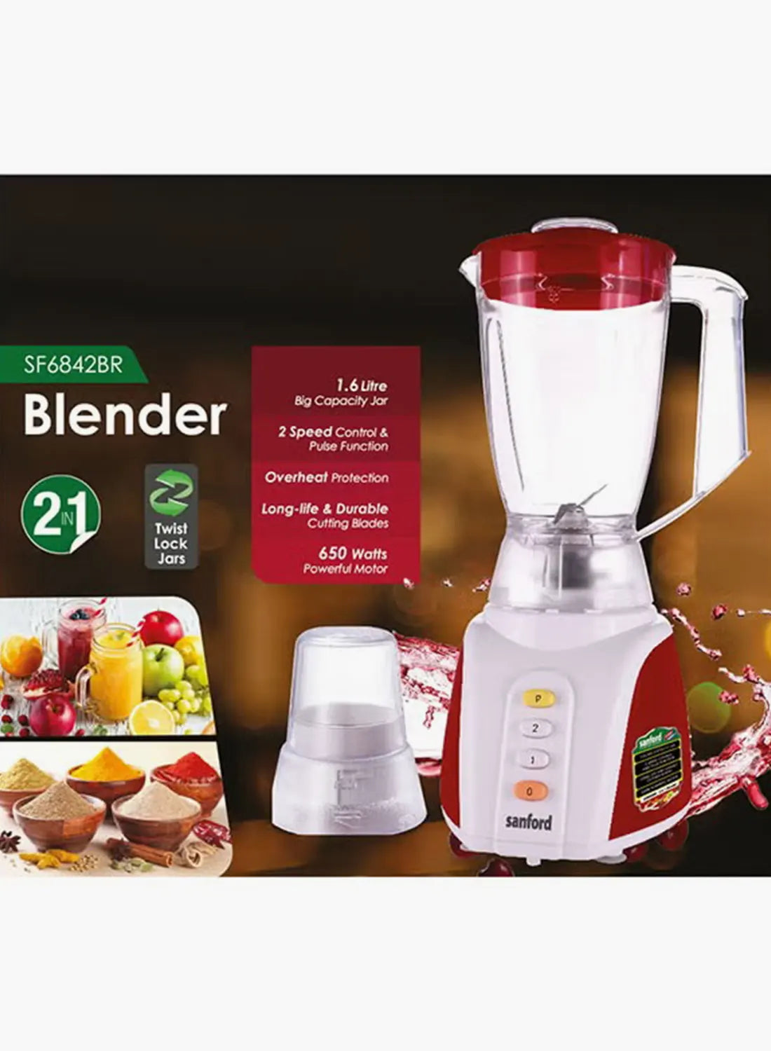 Sanford SF6842BR BS 2-in-1 Blender 1.6L 650W | Unbreakable Jar | Mill Attachment | 2 Speed + Pulse | Copper Motor