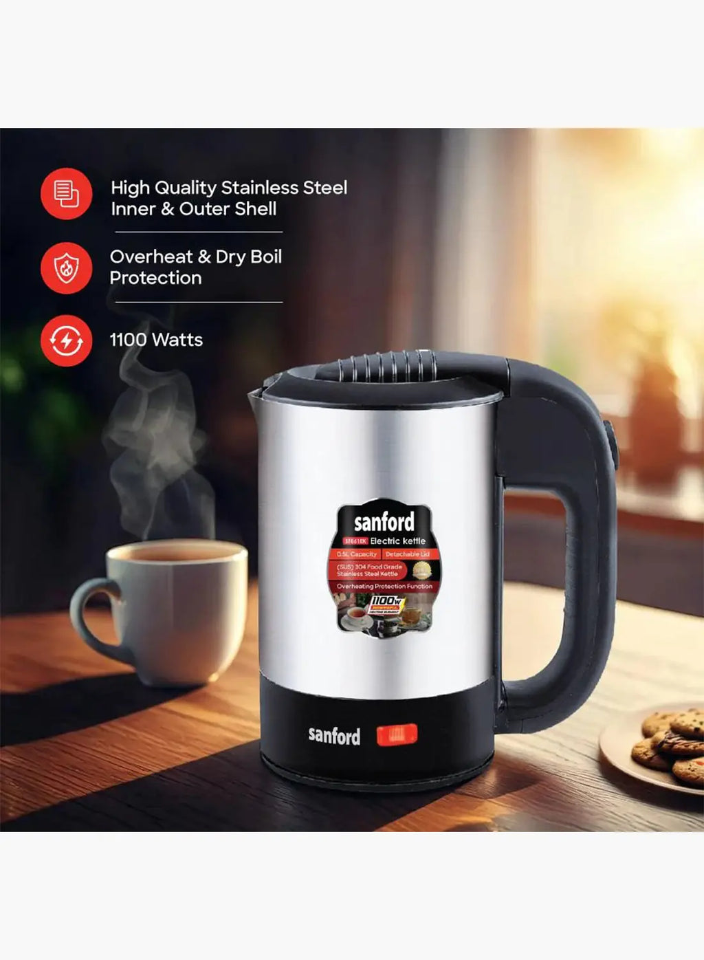 Sanford SF861EK BS Travel Electric Kettle 0.5L 1100W | Stainless Steel | Compact | Auto Shut-Off | Portable